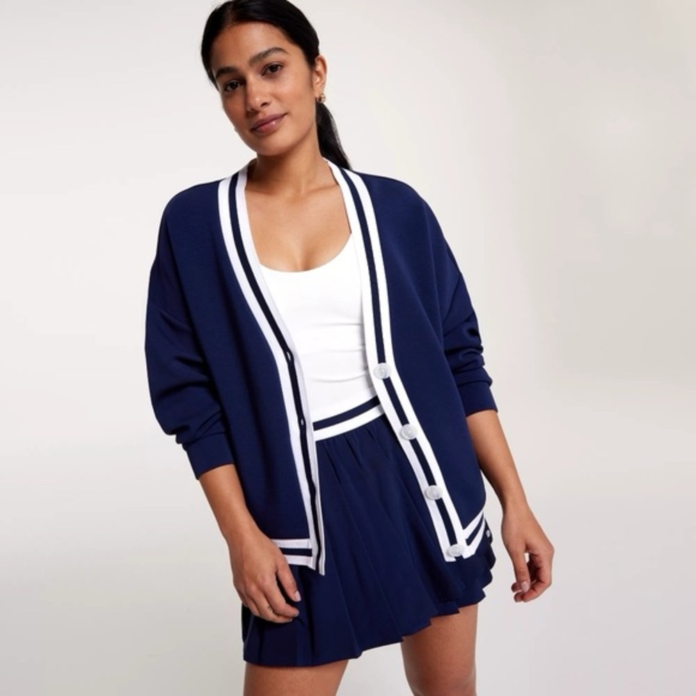 CALIA Navy and White Trim Open Cardigan